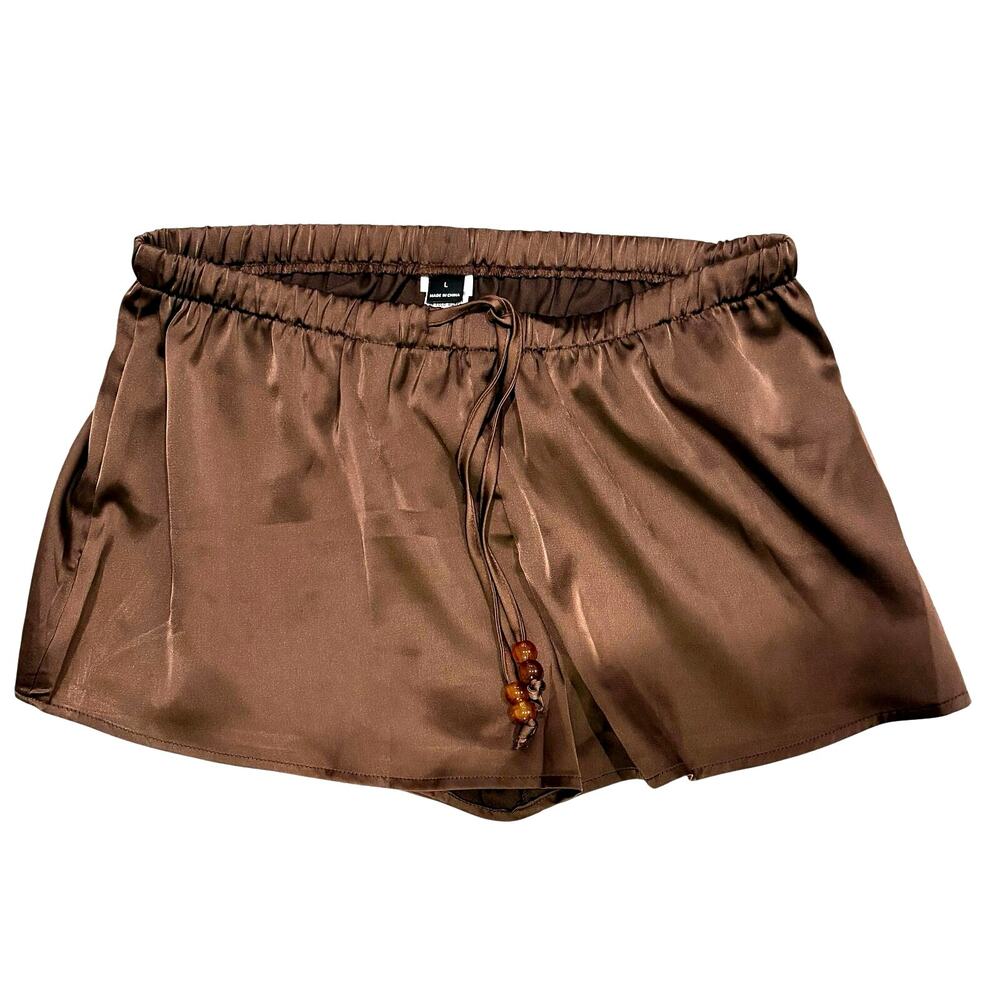 Quince Brown Satin Drawstring Bead Tie Dressy Fashion Shorts Size M 6 8